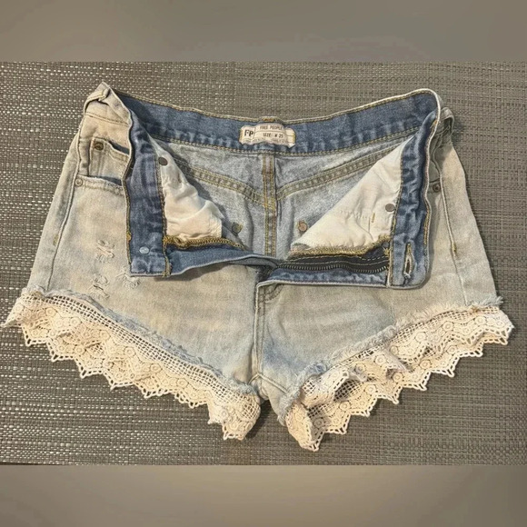 Free People Light Wash Denim Lace Edge Shorts - Picture 5 of 6